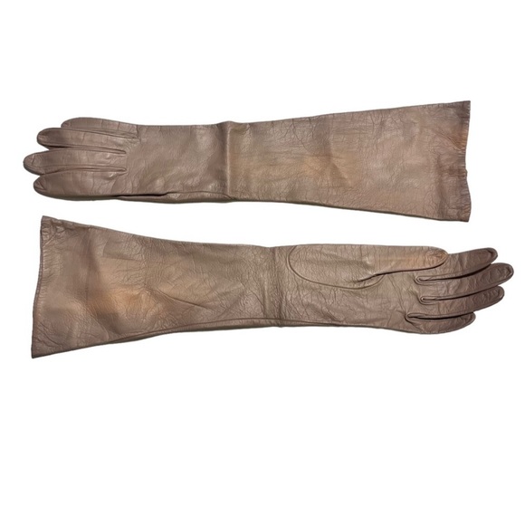 Vintage Taupe Kid Leather Elbow Length Long Gloves with Silk Lining - Picture 2 of 9